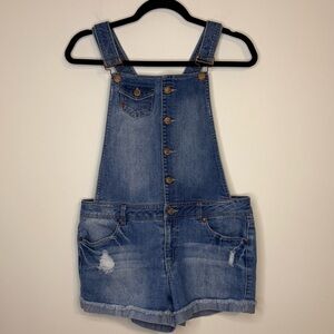 Dollhouse Denim Shorts Distressed Overalls Womens Large Buttons, Pockets